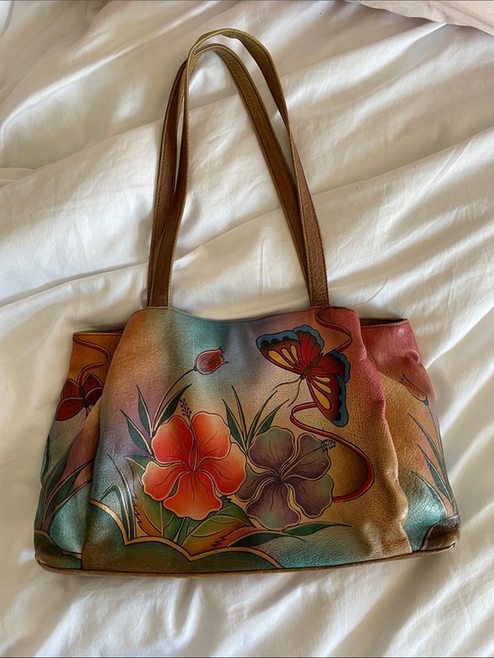 Anuschka Handbags - Anuschka Hand-Painted Butterfly & hibiscus floral Leather Shoulder Bag